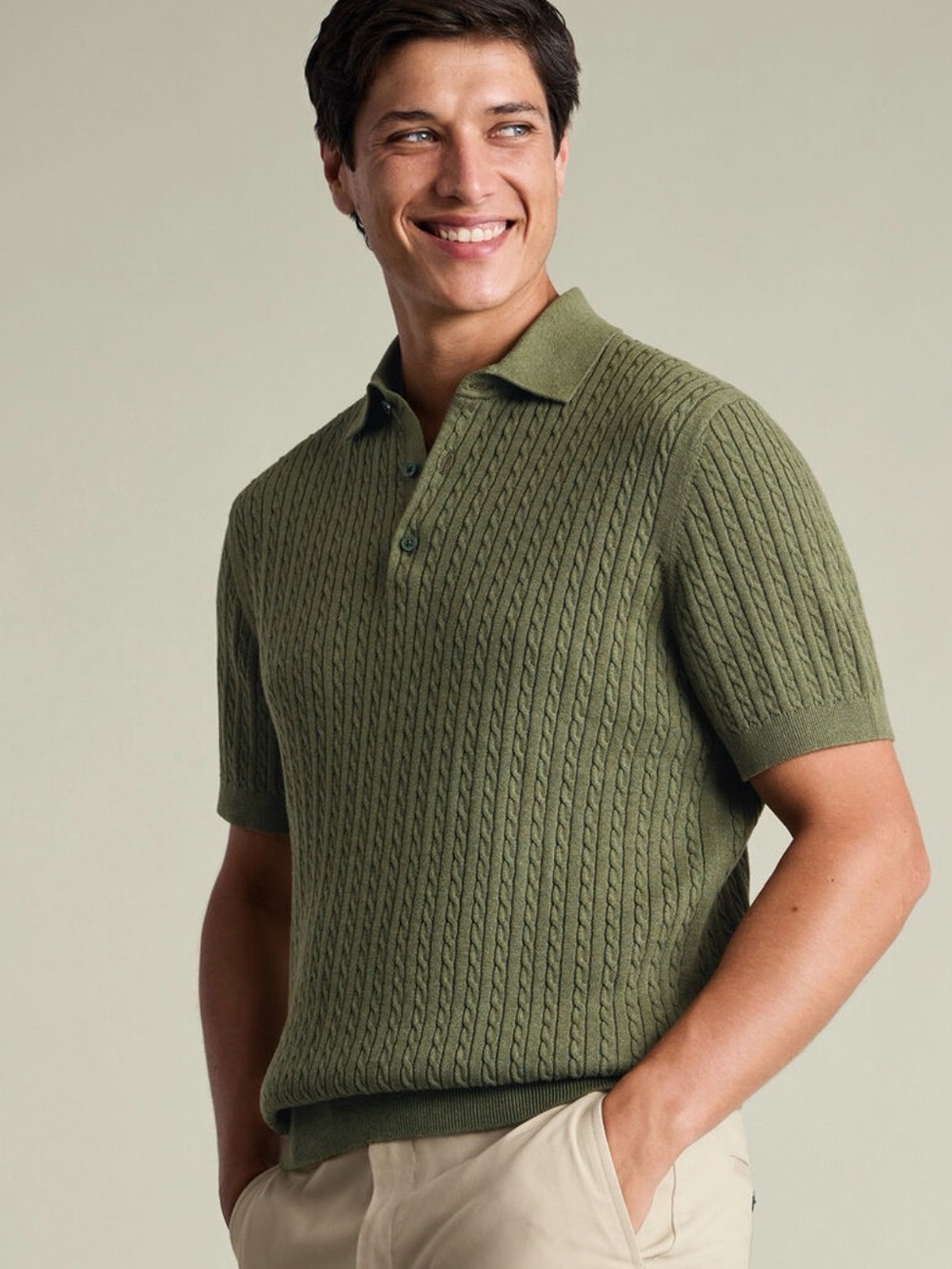Charles Tyrwhitt Cotton Cable Knitted Polo – Sage Green